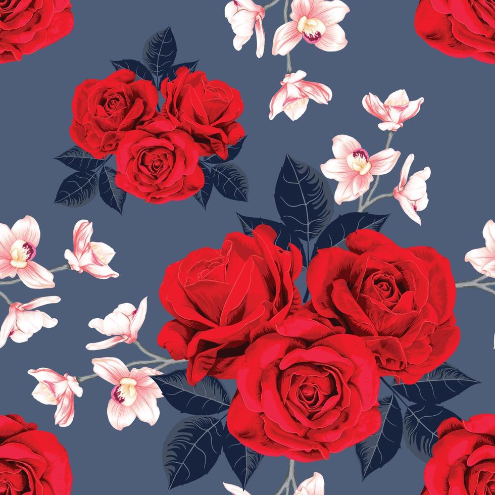 Patrón sin costuras botánico rosa roja y flores de orquídea rosadas sobre fondo azul oscuro abstracto.Estilo de acuarela de dibujo de ilustración vectorial. para diseño de papel tapiz usado, tela textil o papel de regalo. vector