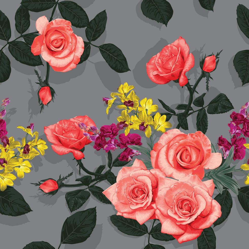 seamless, patrón, floral, hermoso, rosa, y, orquídea, flores, vendimia, extracto, fondo., vector, ilustración, mano, dibujo, acuarela seca., para, tela, textil, diseño, o, producto, empaquetado vector