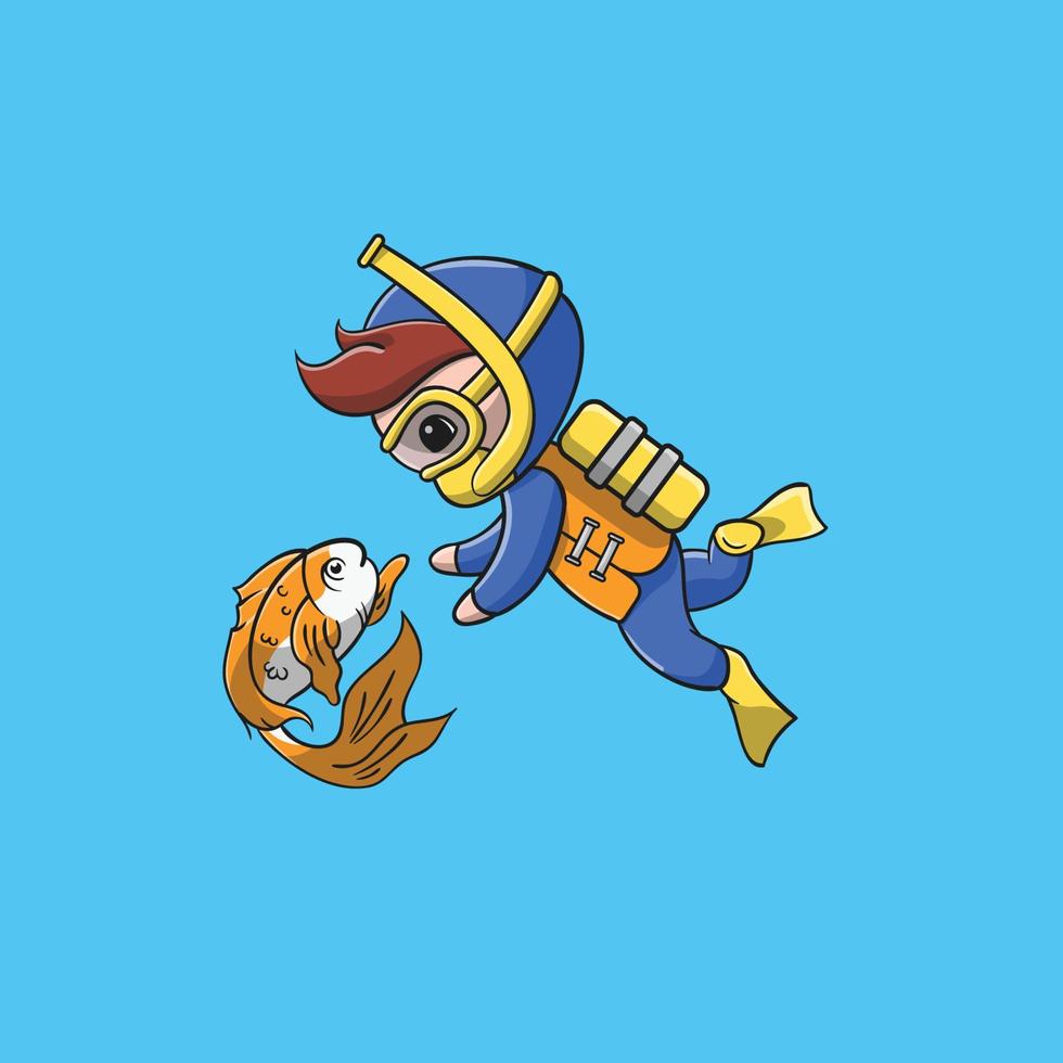 chico lindo buceo se encuentra con ilustración de icono de vector de pescado. estilo de dibujos animados plana