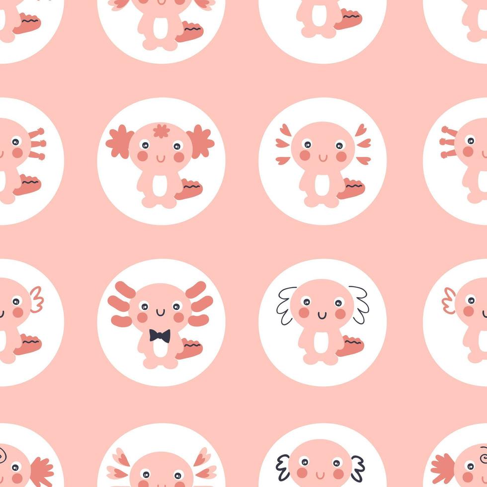 Cartoon style seamless pattern with axolotls in round shapes. vector