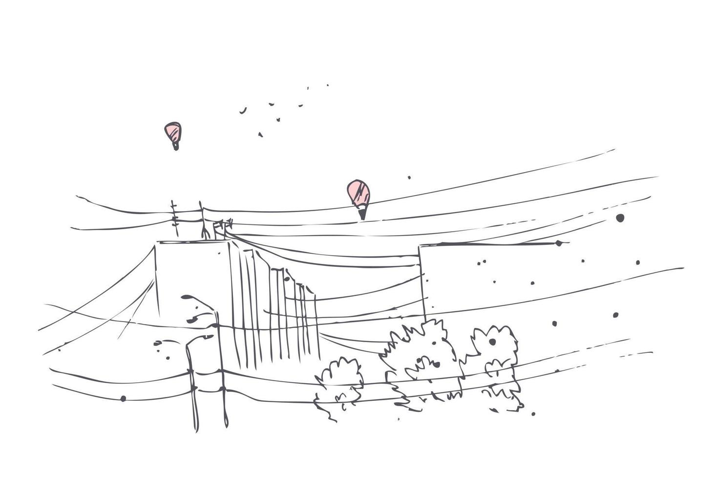 Hand drawing sketch of the urban landscape with flying balloons. vector