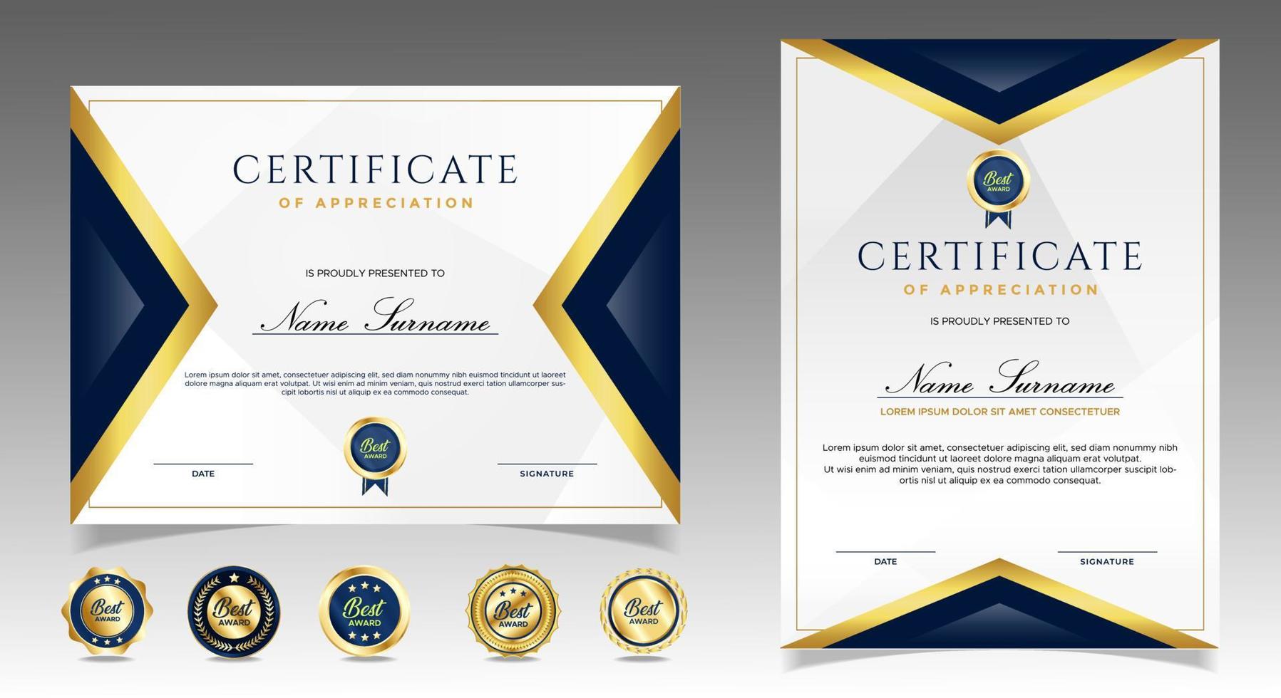 Certificate of appreciation template, gold and blue color. Clean modern certificate with gold badge. Certificate border template with luxury and modern line pattern. Diploma vector template