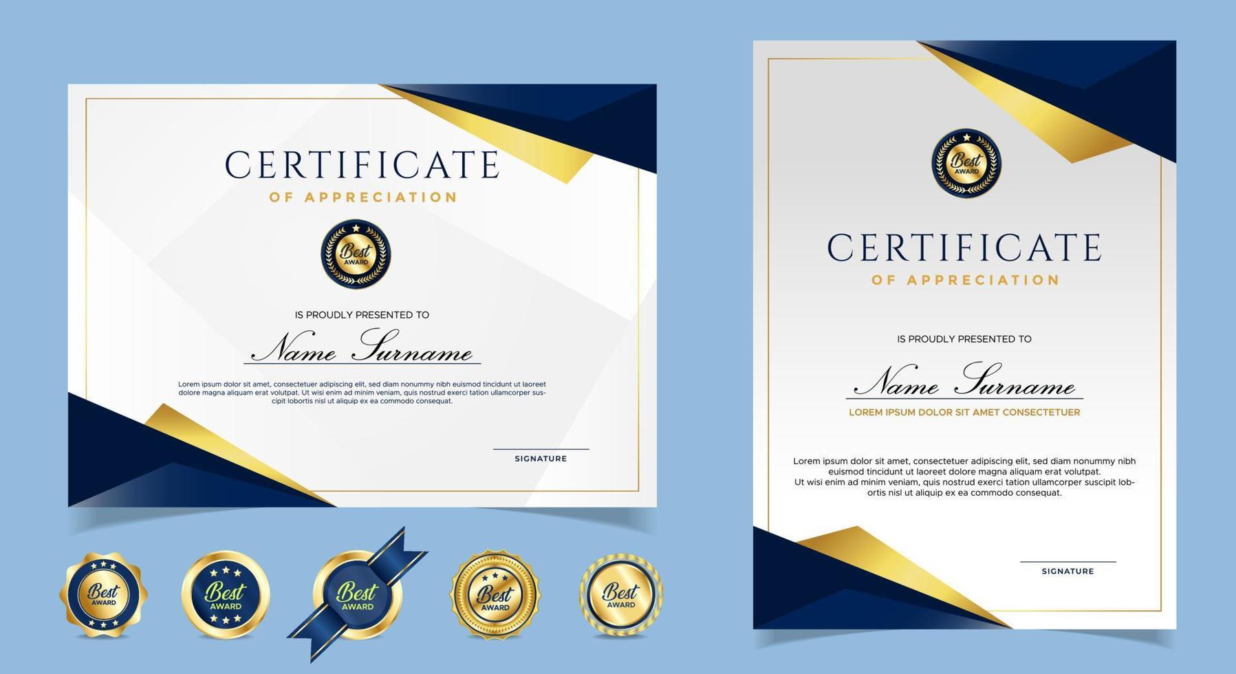 certificado de plantilla de reconocimiento, color dorado y azul. Certificado limpio y moderno con insignia de oro. Plantilla de borde de certificado con patrón de líneas modernas y de lujo. plantilla de vector de diploma