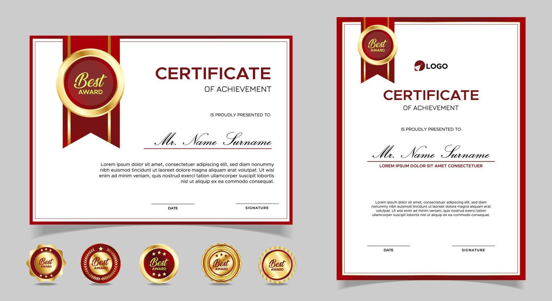 Certificate of appreciation template, gold and red color. Clean modern certificate with gold badge. Certificate border template with luxury and modern line pattern. Diploma vector template