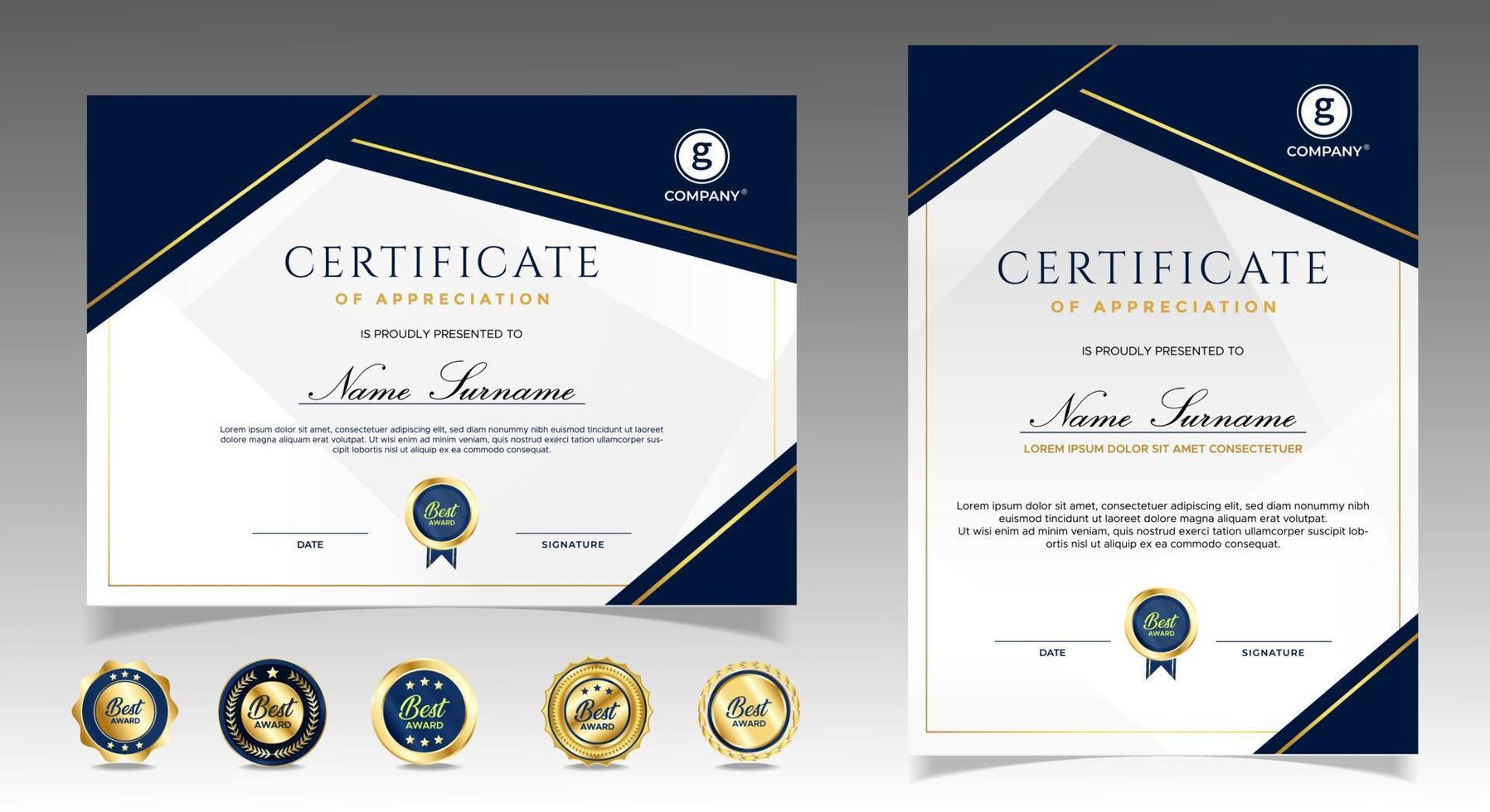 Certificate of appreciation template, gold and blue color. Clean modern certificate with gold badge. Certificate border template with luxury and modern line pattern. Diploma vector template