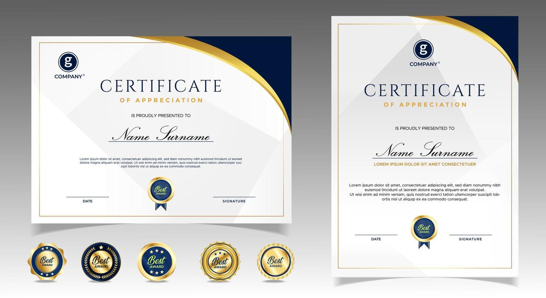 Certificate of appreciation template, gold and blue color. Clean modern certificate with gold badge. Certificate border template with luxury and modern line pattern. Diploma vector template