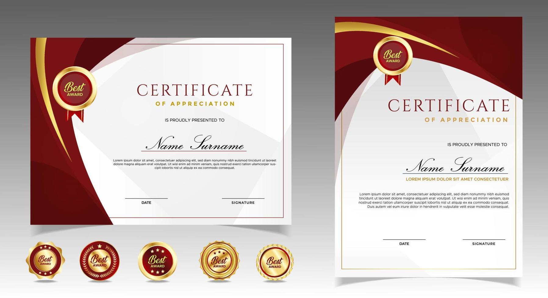 certificado de plantilla de reconocimiento, color dorado y rojo. Certificado limpio y moderno con insignia de oro. Plantilla de borde de certificado con patrón de líneas modernas y de lujo. plantilla de vector de diploma