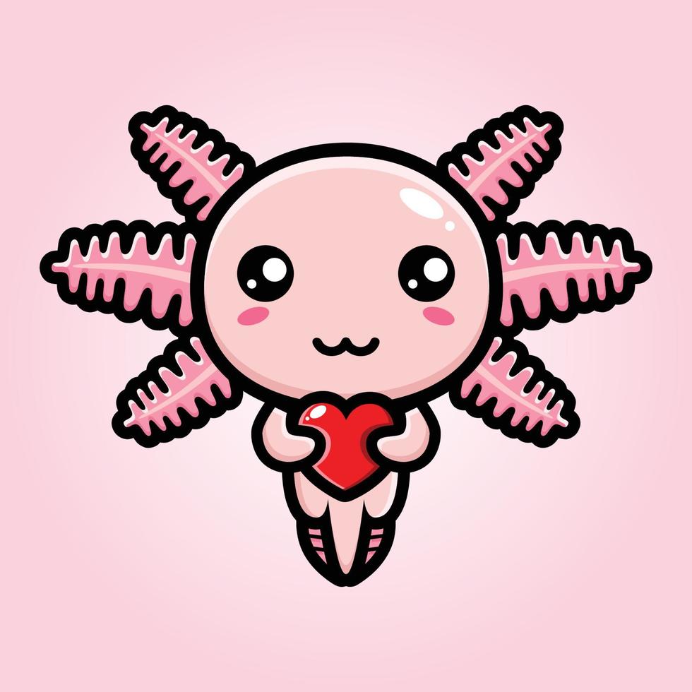 lindo axolotl abrazando un corazón de amor vector