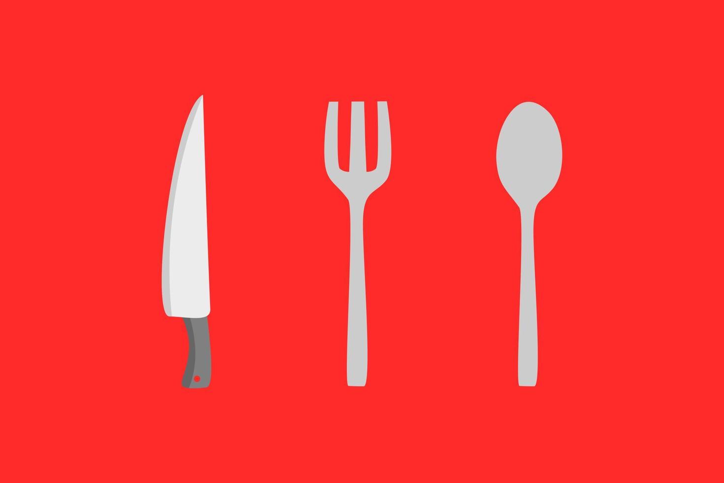 Cuchillo de cocina, tenedor, cuchara icono signo ilustración plana sobre fondo rojo. vector