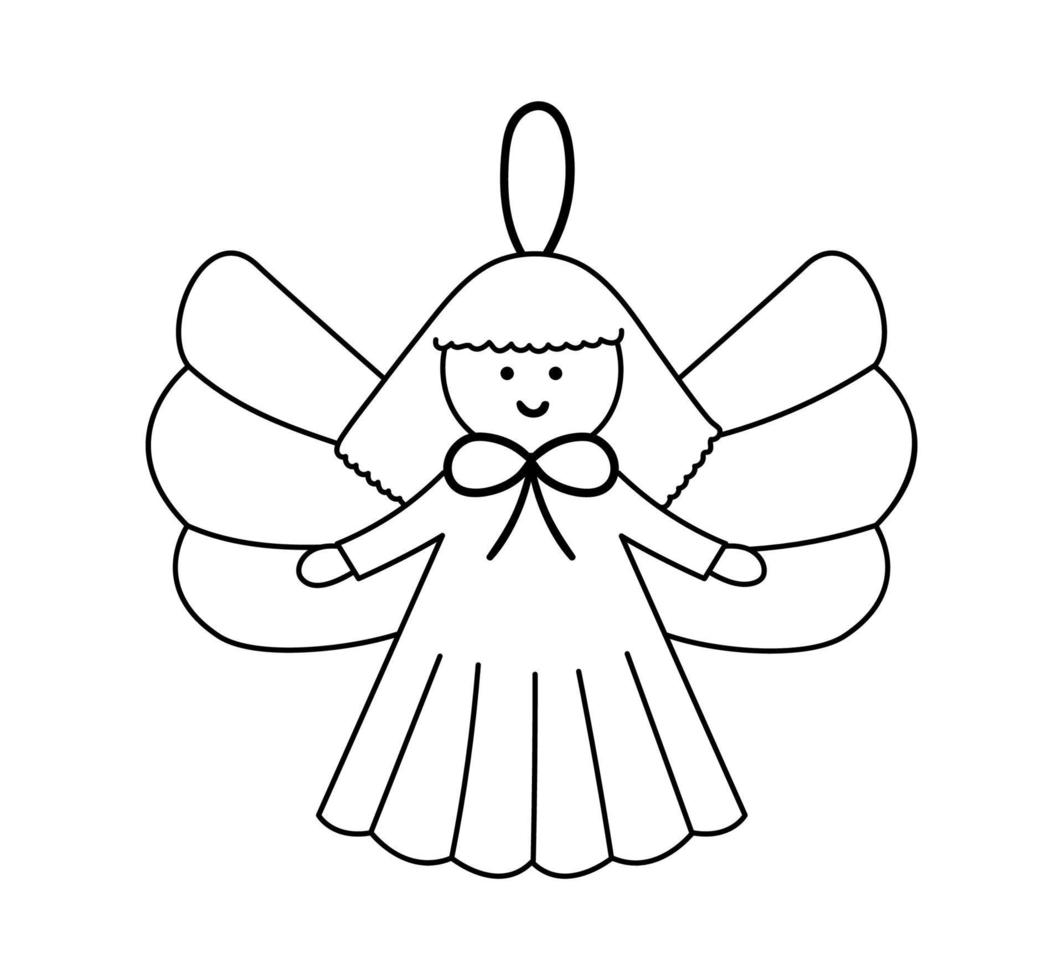 Vector black and white angel for New Year decor. Christmas tree toy isolated on white background. Cute line icon winter Holidays character for festive decorations.