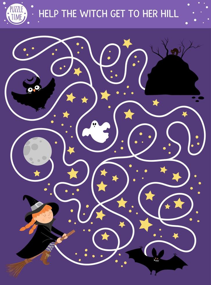 Halloween maze for children. Autumn preschool printable educational activity. Funny day of the dead game or puzzle with spooky scene, night sky and stars. Help the witch get to her hill vector