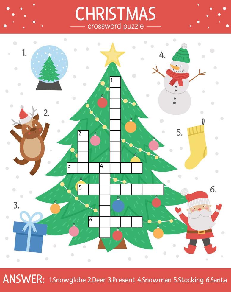 Vector Christmas crossword puzzle for kids. Simple quiz with winter