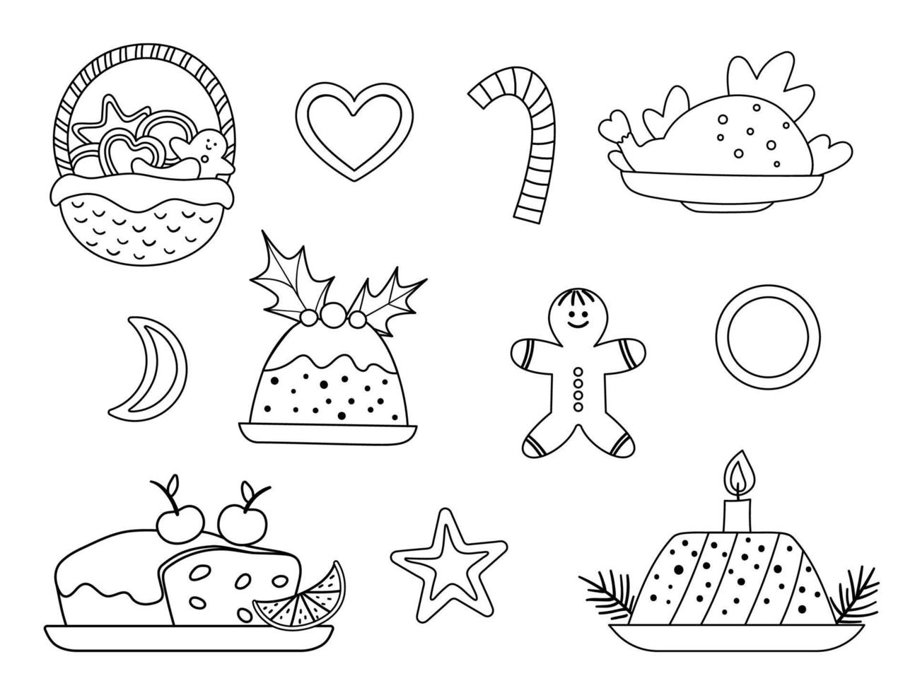 vector blanco y negro conjunto de postres tradicionales navideños y platos aislados sobre fondo blanco. Ilustración de línea divertida linda de la comida de año nuevo. colección de iconos de comida de invierno