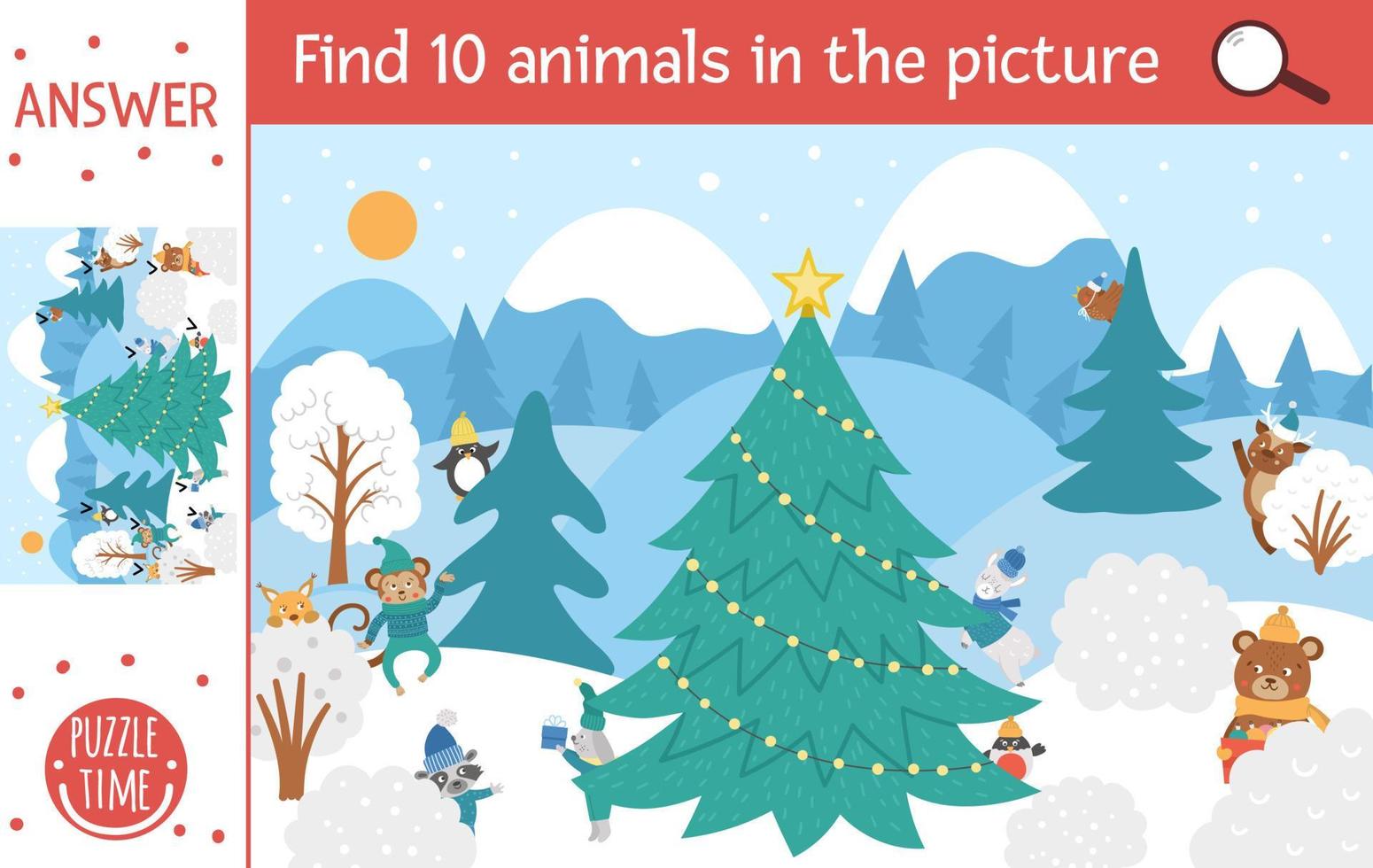 Vector Christmas searching game with cute characters in winter forest. Find hidden animals in the picture. Simple fun educational New Year printable activity for kids.