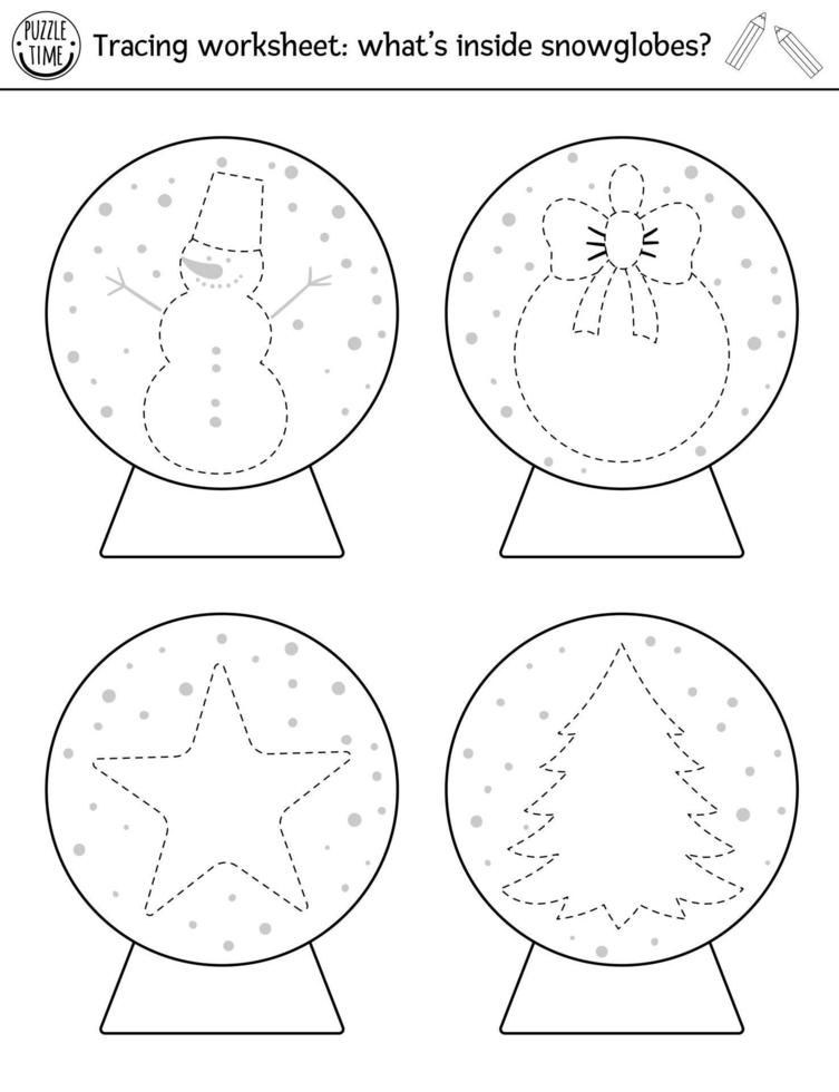 Hoja de trabajo de práctica de dibujo de Navidad vectorial. actividad imprimible en blanco y negro de invierno para niños en edad preescolar. juego de rastreo educativo para habilidades de escritura. ¿Qué hay dentro de los globos de nieve? vector