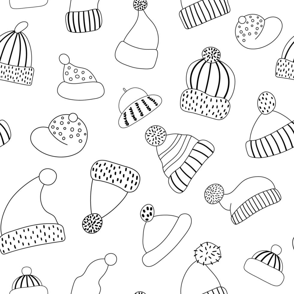 vector de patrones sin fisuras en blanco y negro con lindos sombreros. Fondo de línea divertida con ropa de cabeza abrigada. papel digital accesorio otoño o invierno.