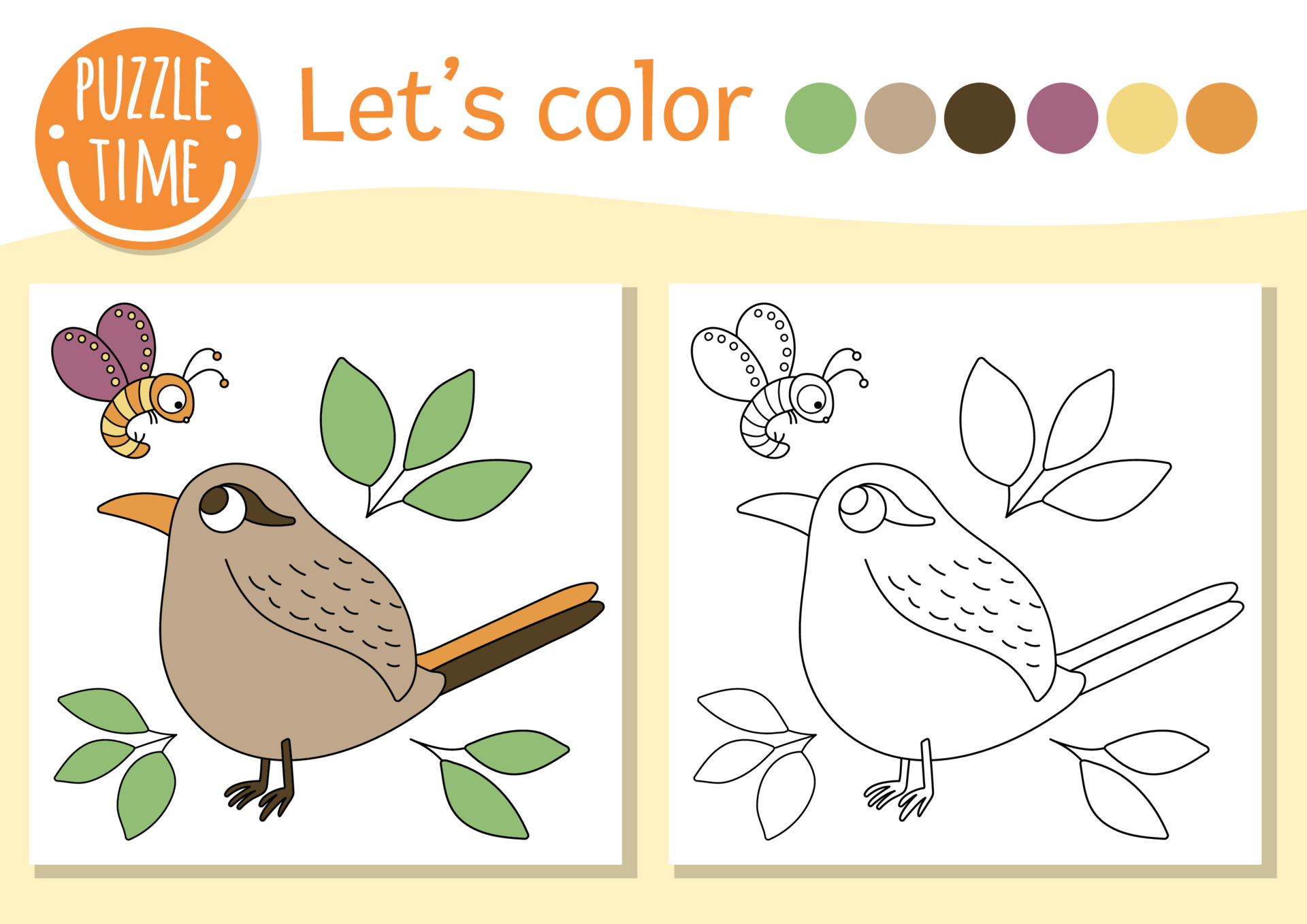 Woodland coloring page for children with bird, insect, leaves ...