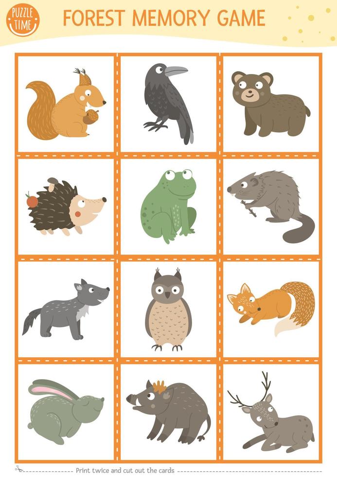 Vector forest animals and birds memory game cards with squirrel, raven,  bear. Woodland matching activity. Remember and find correct card. Simple  printable worksheet for kids with fox, wolf 3757452 Vector Art at