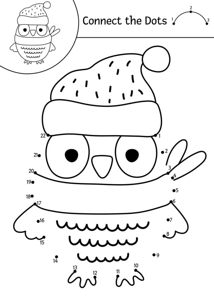 Vector dot-to-dot and color activity with cute owl. Forest connect the dots game for children with funny bird in hat and scarf. Woodland coloring page for kids. Autumn holiday printable worksheet