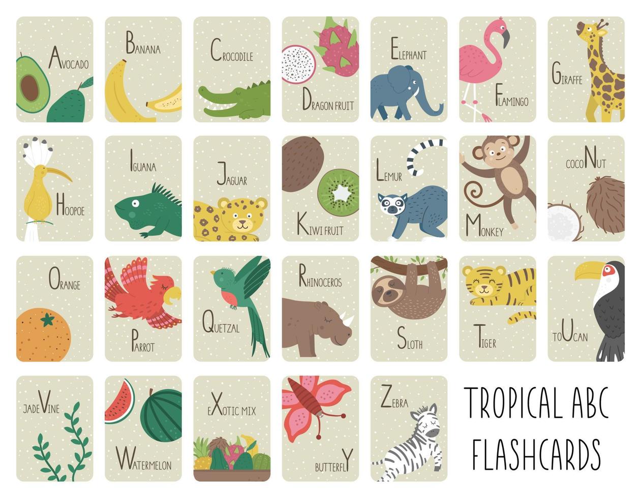 Tropical alphabet cards for children. Cute cartoon ABC set with exotic animals, birds, fruits, insects. Funny jungle flashcards for teaching reading or phonics for kids. English language letters pack vector