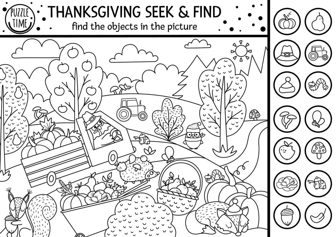 Vector black and white Thanksgiving searching game or coloring page with cute turkey in the field. Spot hidden objects. Simple seek and find s outline autumn or farm printable activity