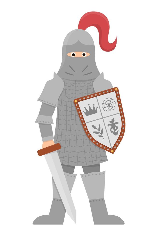 Fairy tale knight. Fantasy armored warrior isolated on white background. Fairytale soldier in helmet with sword, shield, chain mail. Cartoon icon with medieval character and weapon. vector