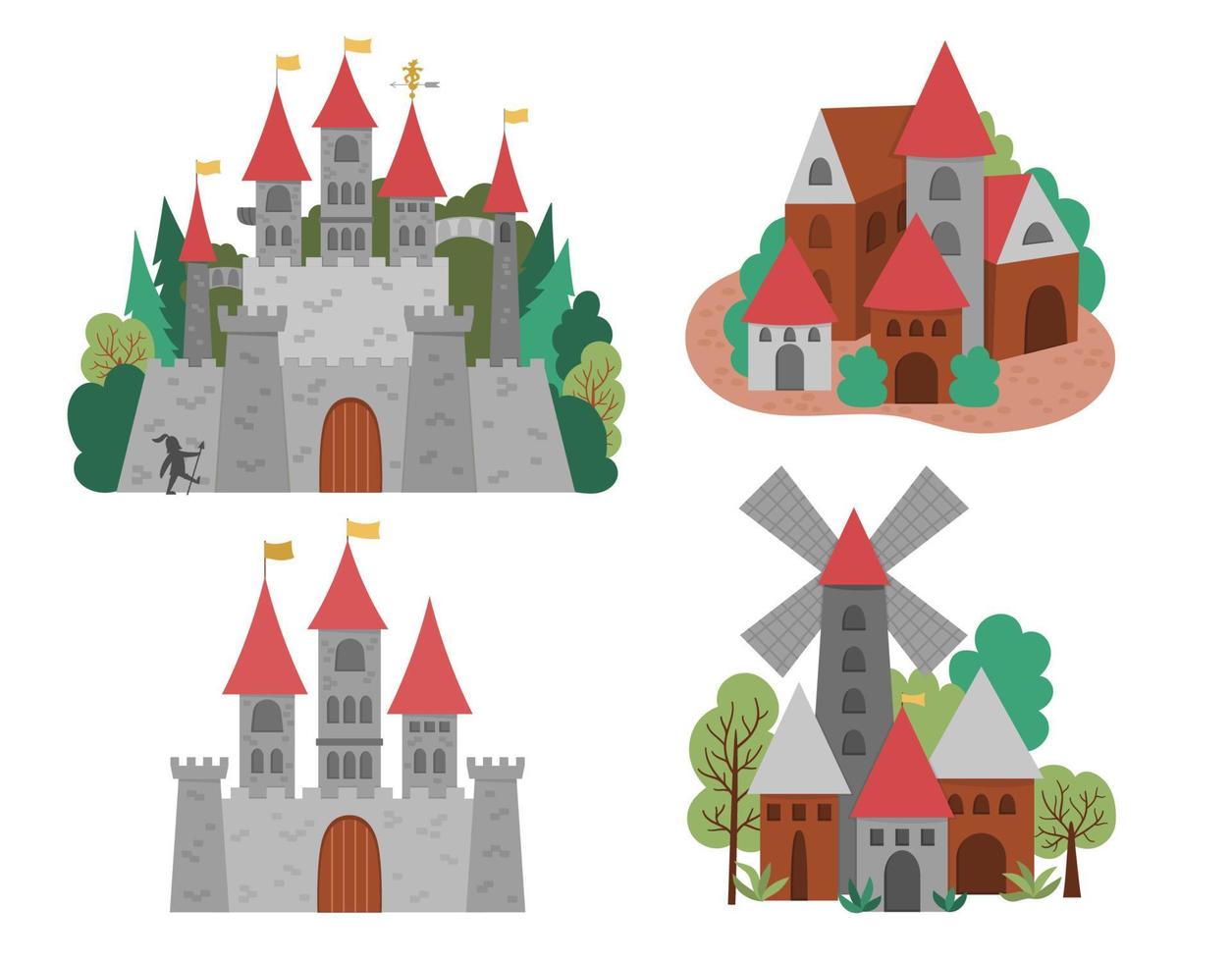 Vector icons set with Medieval castles and villages. Magic kingdom collection. Big medieval stone palace with towers, flags, gates, trees. Stone and wooden buildings. Fairy tale town illustration