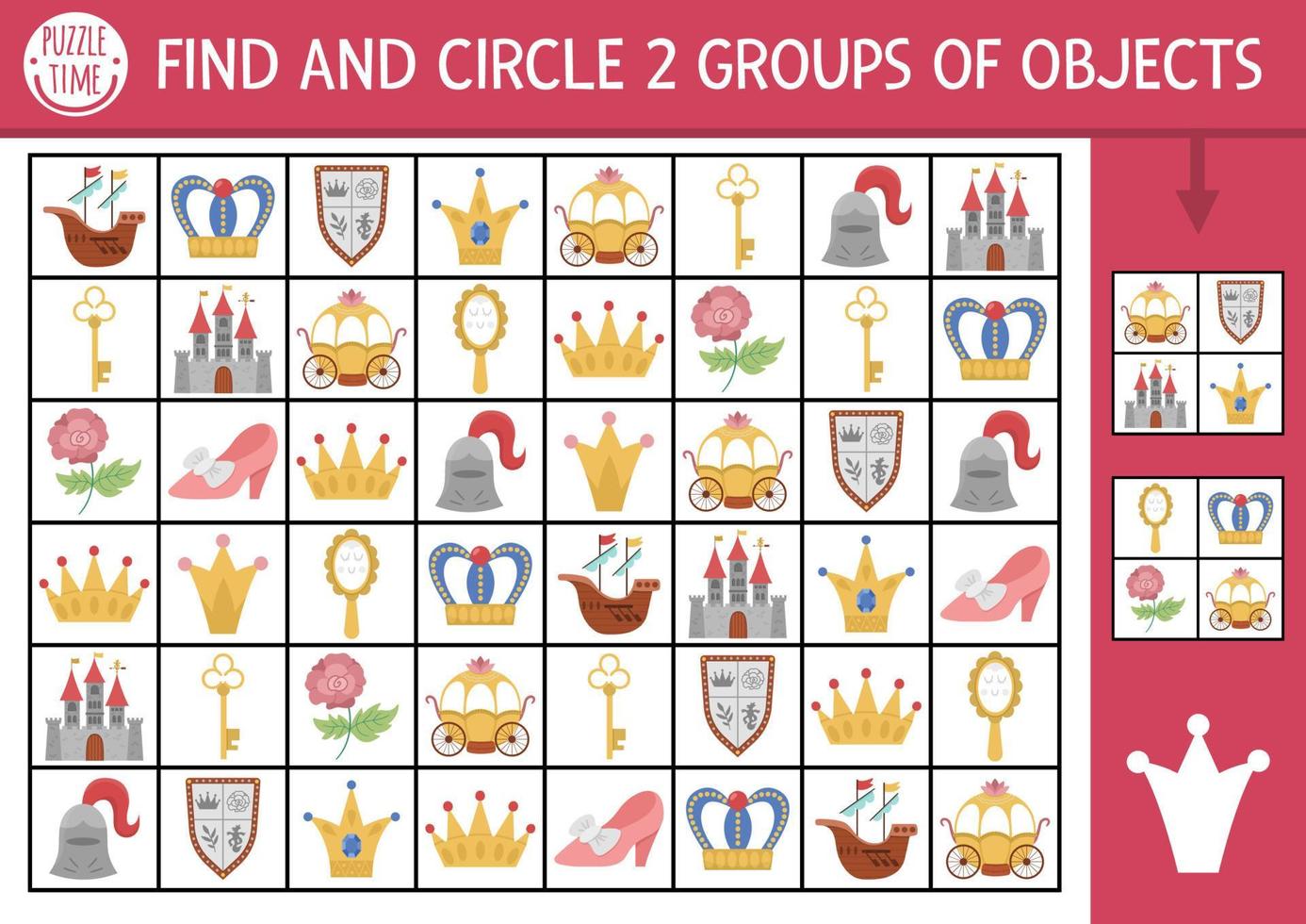 Fairytale seek and find game with traditional symbols. Attention skills training puzzle with castle, crown. Magic kingdom printable activity for kids. Fantasy searching puzzle. Find groups of objects vector