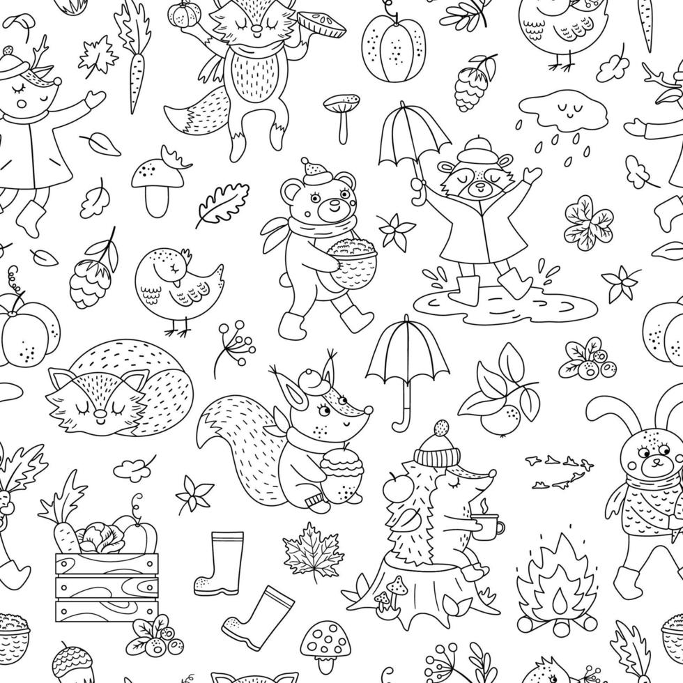 Black and white seamless pattern with vector autumn characters. Cute woodland animals line repeat background. Fall season coloring page.  Funny forest print with hedgehog, fox, bird, deer, rabbit