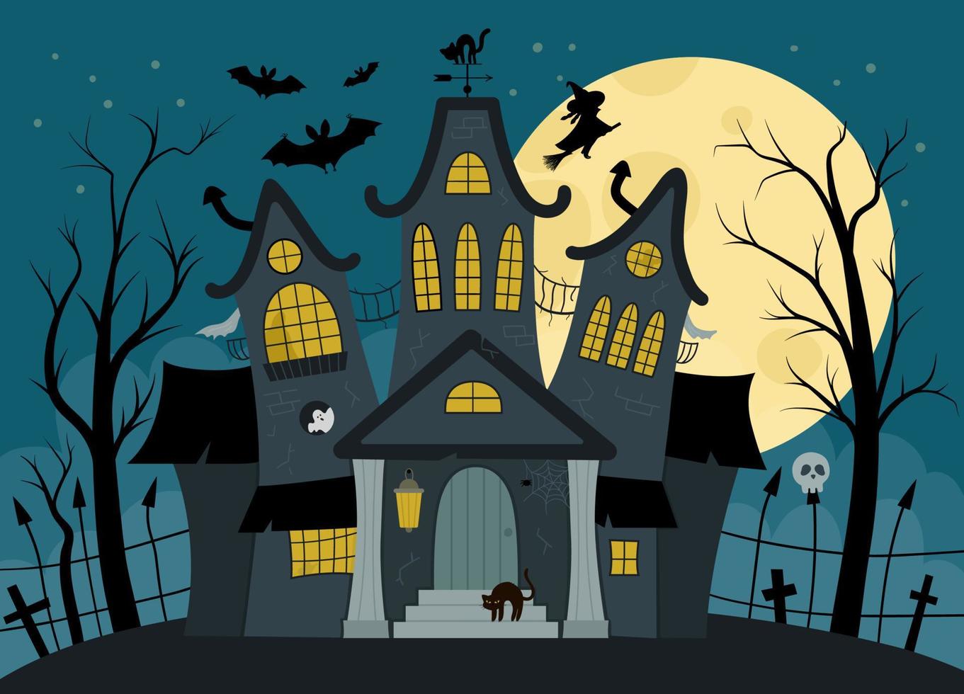 Vector haunted house illustration. Halloween background. Spooky cottage scene with big moon, ghosts, bats, cemetery on dark blue background. Scary Samhain party invitation or card design.