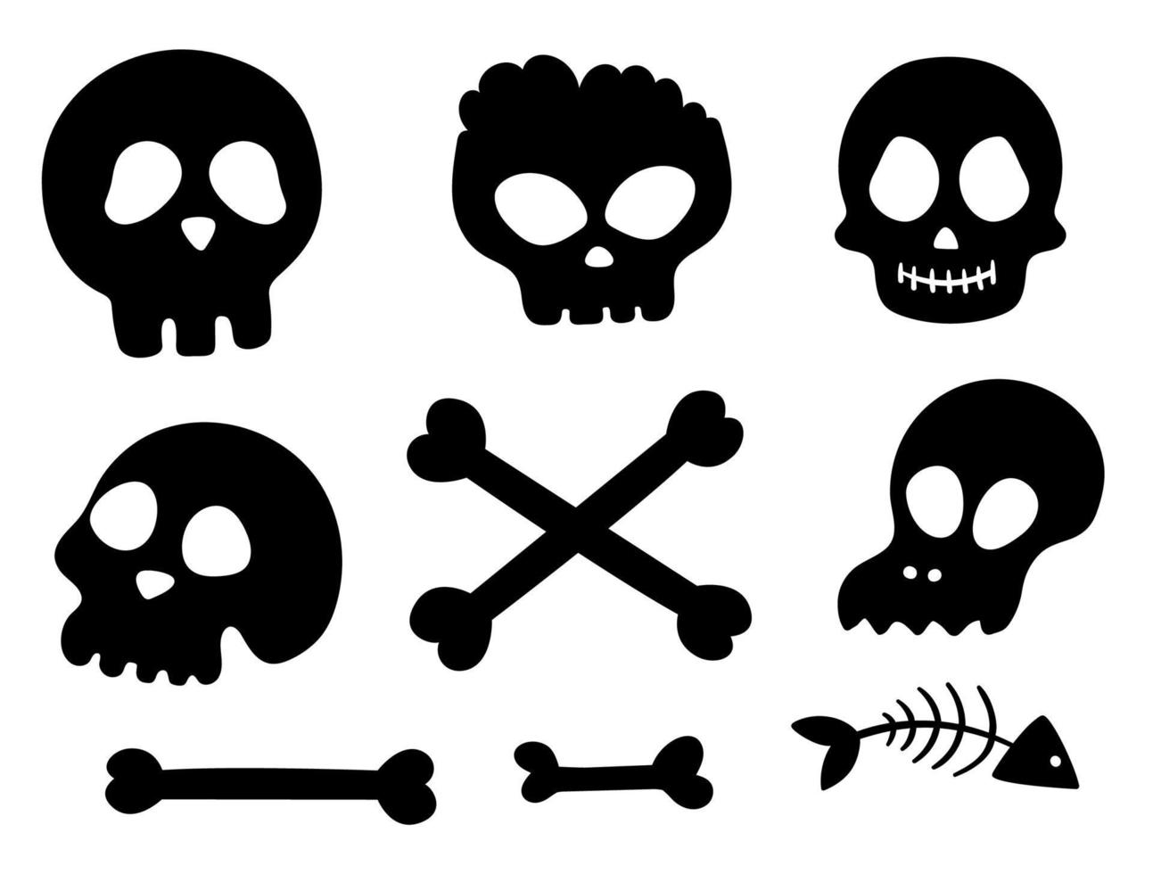 conjunto de cráneos y huesos vectoriales en blanco y negro. fiesta de halloween siluetas de esqueletos humanos y animales. diseño de miedo para la fiesta de otoño de samhain. Colección de elementos de sombra del día de todos los santos. vector