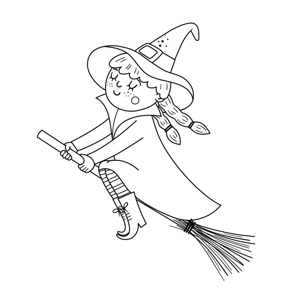 Cute vector witch on the broom. Halloween black and white character icon. Funny autumn all saints eve illustration with girl in a tall hat flying on broomstick. Samhain party coloring page for kids.