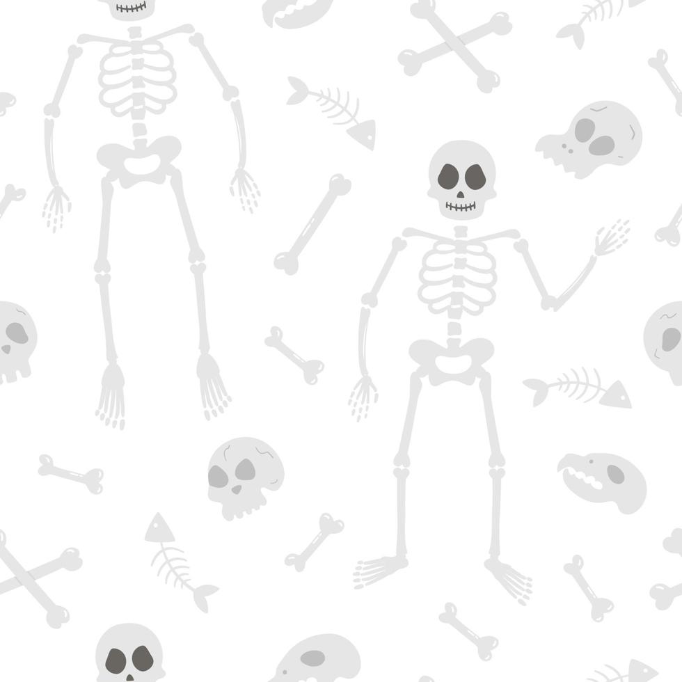 Seamless pattern with vector skeletons. Halloween party background with human and animal skulls and bones. Scary digital paper for Autumn Samhain party. All saints day elements texture.