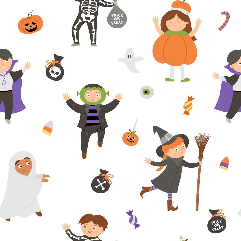 Vector seamless pattern with cute Halloween characters. Digital paper with children in scary costumes. Funny autumn all saints eve background with vampire, ghost, pumpkin, Frankenstein.