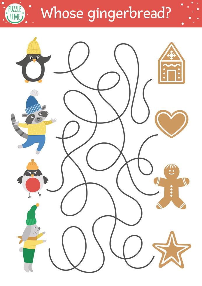 Christmas maze for children. Winter new year preschool printable educational activity. Funny holiday game or puzzle with cute animals and cookies. Whose gingerbread vector