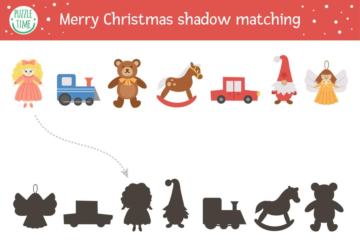 Christmas shadow matching activity for children. Winter puzzle with cute toys. Educational game for kids with doll, teddy bear, rocking horse, angel. Find the correct silhouette printable worksheet. vector