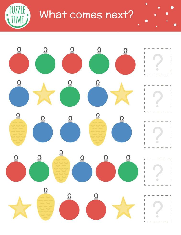 What comes next. Christmas matching activity for preschool children with traditional holiday symbols. Funny educational puzzle. Logical quiz worksheet. Continue the row. Simple game for kids vector