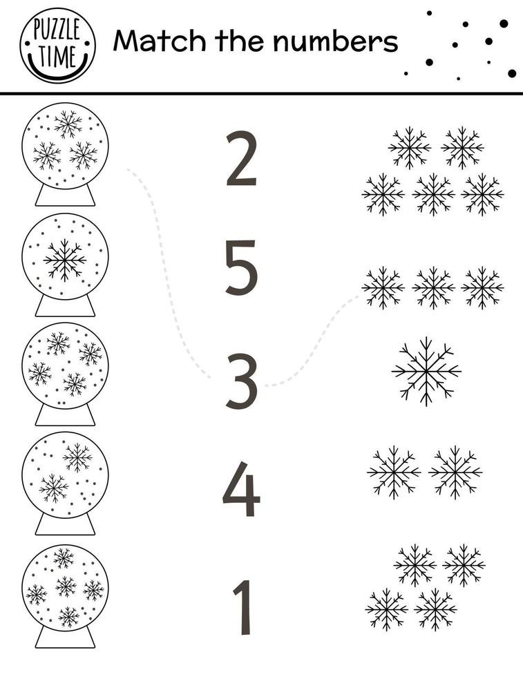 juego de combinación de Navidad en blanco y negro con globos de nieve y copos de nieve. Actividad de matemáticas de invierno para niños en edad preescolar. Hoja de trabajo de conteo imprimible de año nuevo educativo o página para colorear vector