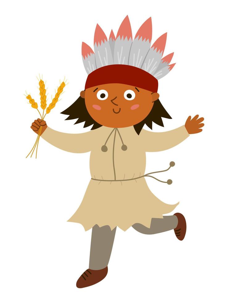 Vector Indian man isolated on white background. Thanksgiving Day character. Autumn icon with first American people. Cute fall holiday native illustration