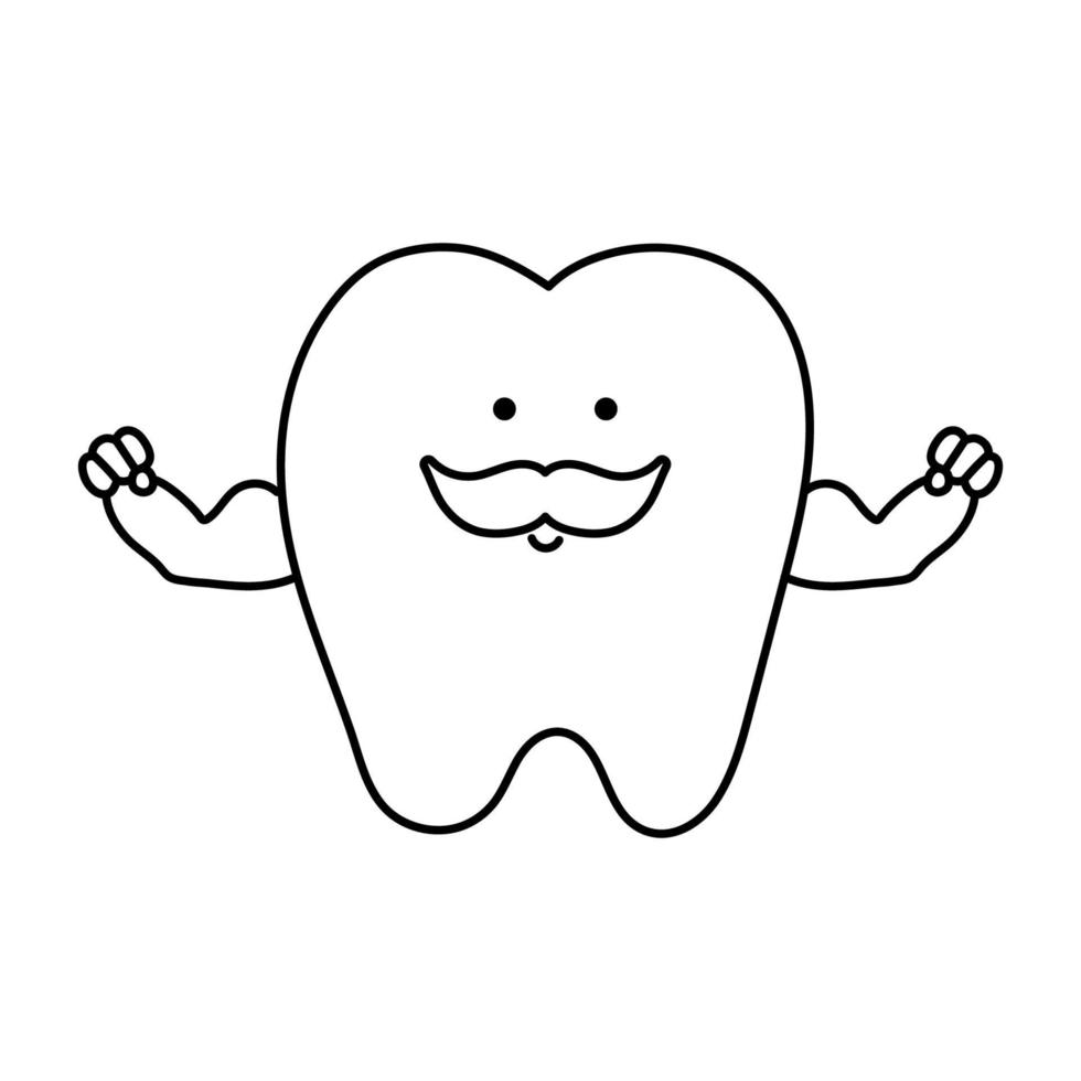 Diente fuerte kawaii en blanco y negro con músculos. vector icono de línea de dientes para el diseño de niños. imagen divertida del cuidado dental. Dentista bebé clínica clipart o página para colorear con concepto de higiene bucal