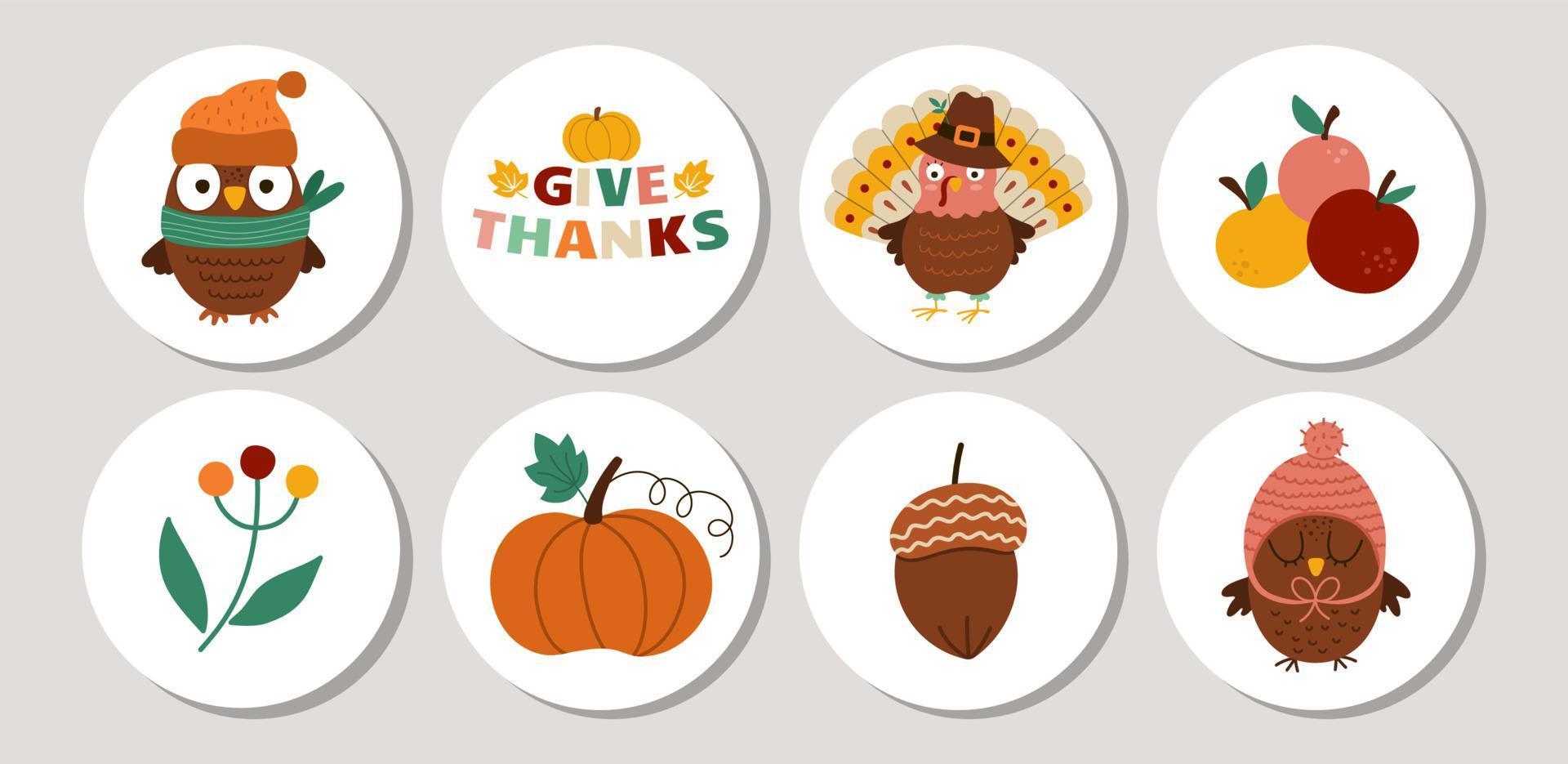 Cute set of Thanksgiving round cards with turkey, owl, harvest. Vector autumn holiday highlight icons collections. Fall design for tags, postcards, ads, social media