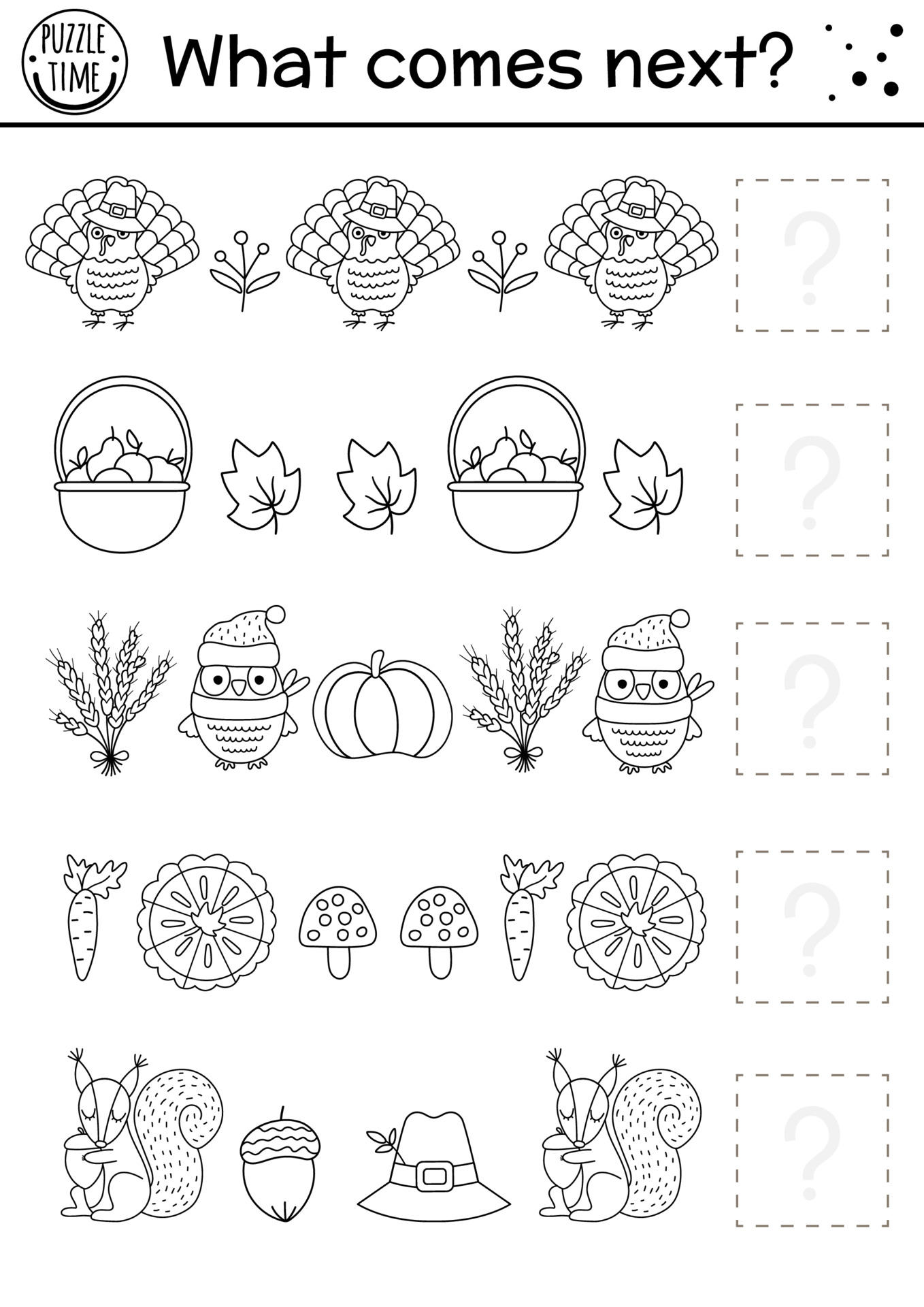 what comes next thanksgiving black and white matching activity for preschool children with traditional holiday symbols line autumn puzzle fall worksheet continue the row game or coloring page 3757500 vector art at