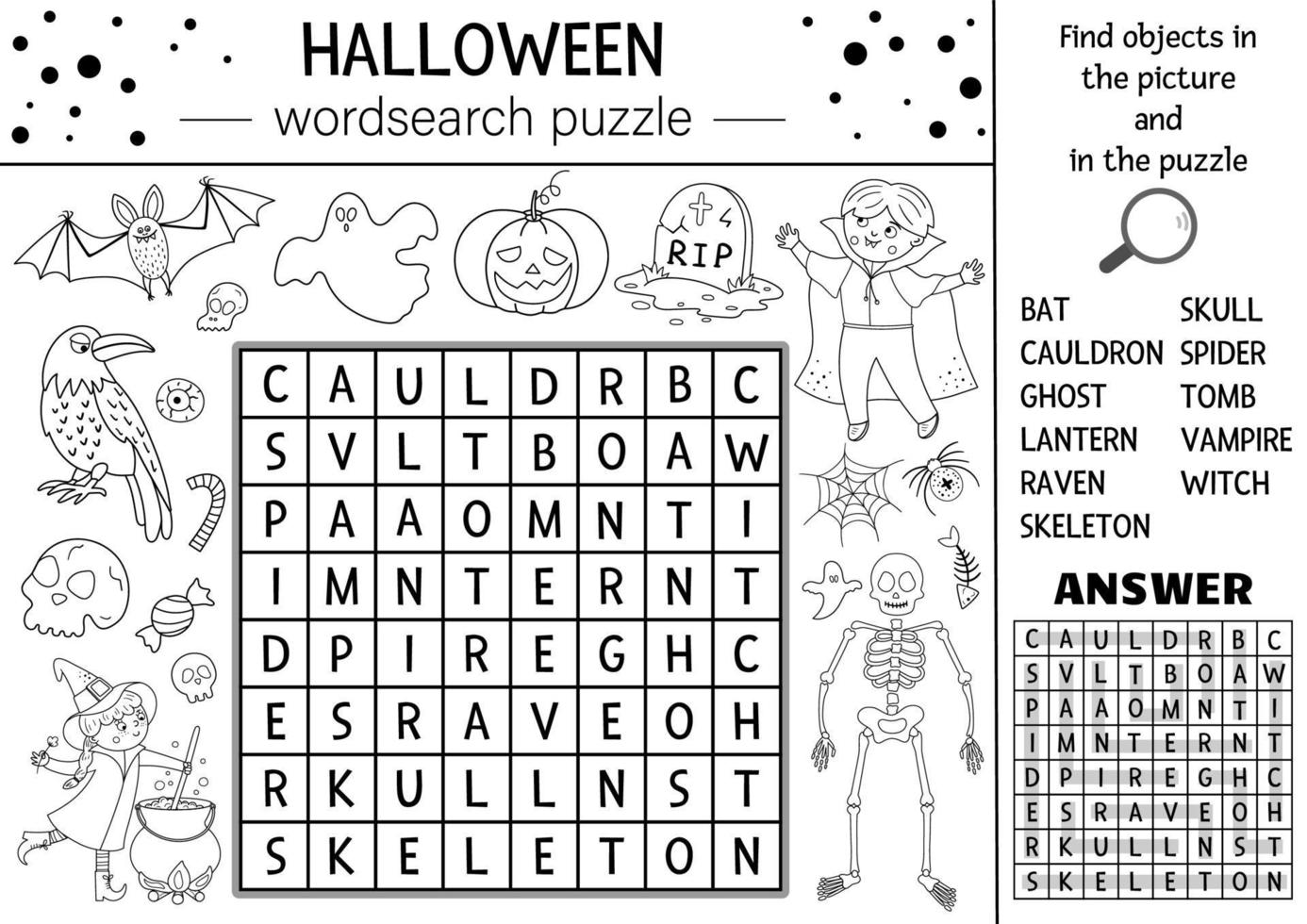 Vector Halloween black and white wordsearch puzzle for kids. Simple crossword or coloring page with haunted house and scary things. Keyword activity with funny witch, vampire, ghost, bat