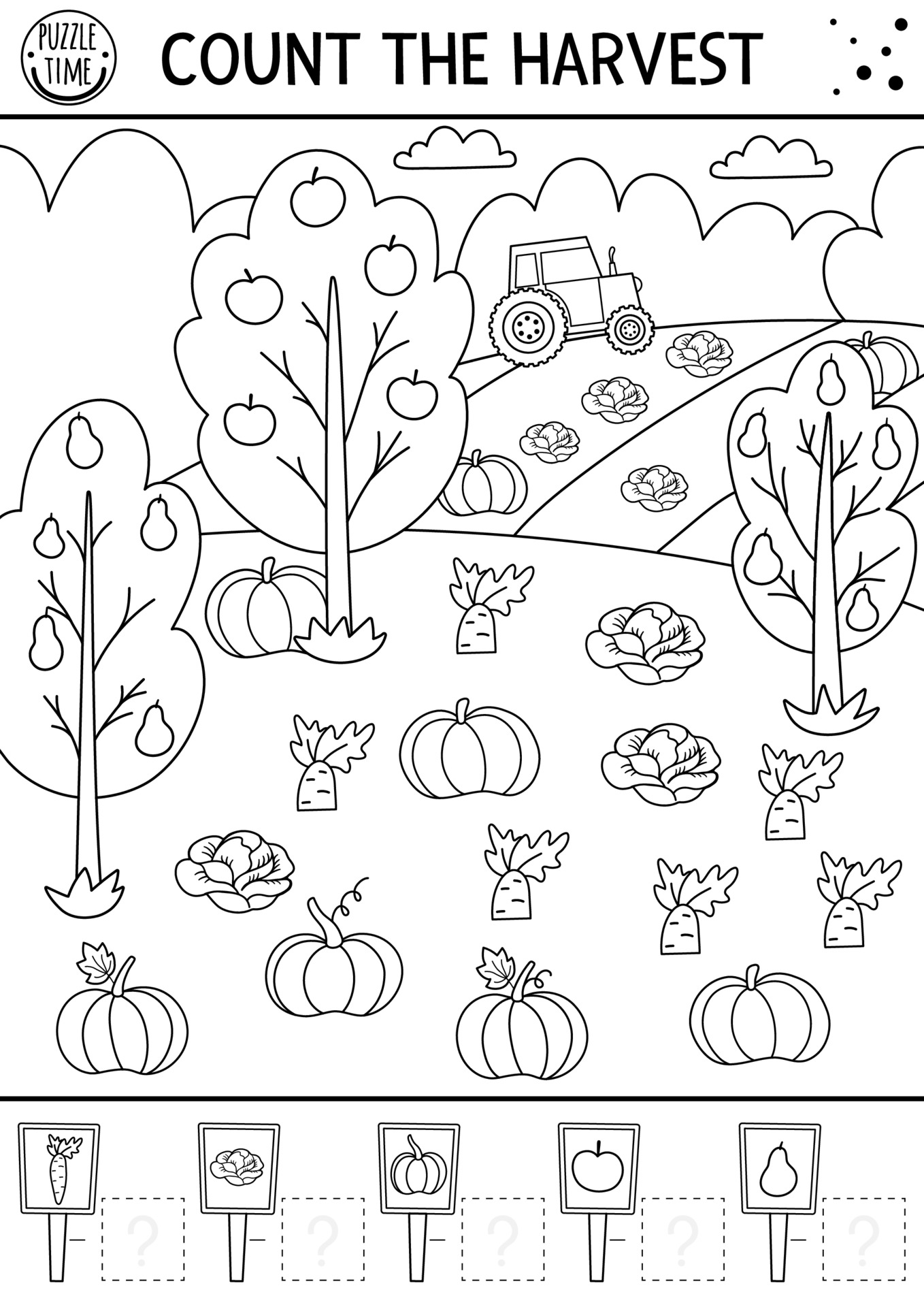 Autumn black and white counting game with harvest in the ...