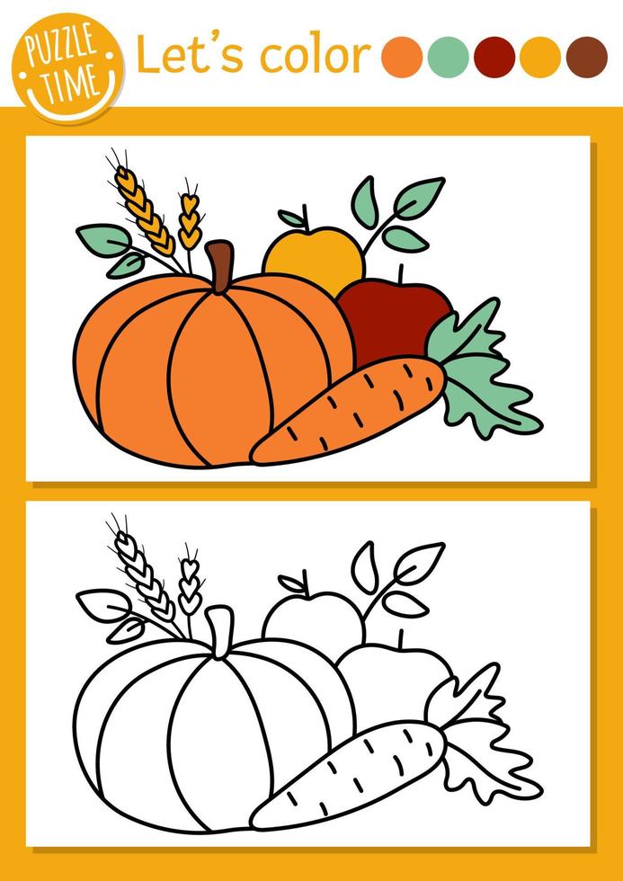 Garden coloring page for children with vegetables and fruit. Vector autumn outline illustration with harvest. Color book for kids with colored example. Drawing skills printable worksheet