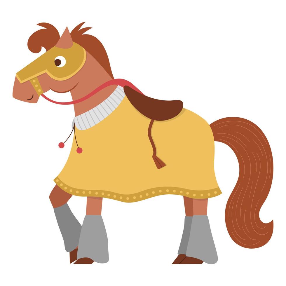Fairy tale knight horse with blanket and saddle. Fantasy armored warrior animal isolated on white background. Fairytale cartoon icon with medieval character. vector
