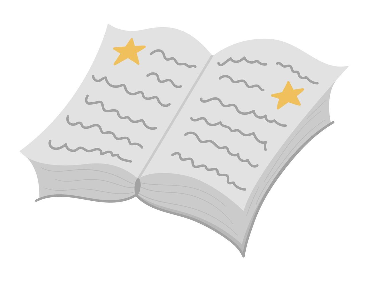 Vector opened book with stars, front view. Back to school or fairytale educational clipart. Cute flat style copybook or spellbook. Blank sheets of paper