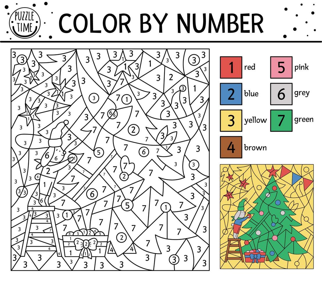 Vector Christmas color by number activity with rabbit decorating fir tree. Winter holiday coloring and counting game with cute animal. Funny New Year coloration page for kids.