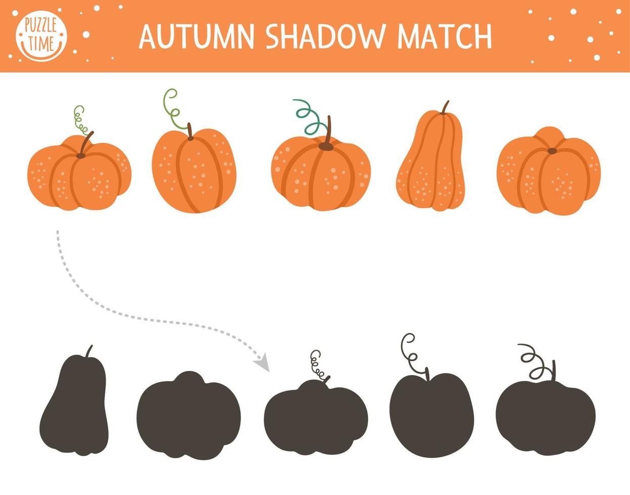 Autumn shadow matching activity for children. Fall season puzzle with cute pumpkins. Simple educational game for kids with vegetables. Find the correct silhouette printable worksheet. vector