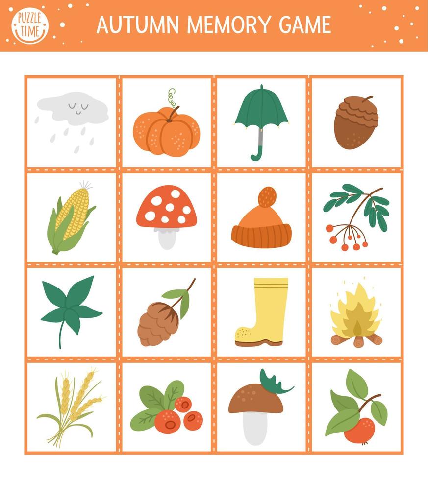 Autumn memory game cards with cute fall season objects. Matching activity with funny characters. Remember and find correct picture card. Simple forest printable worksheet for kids. vector